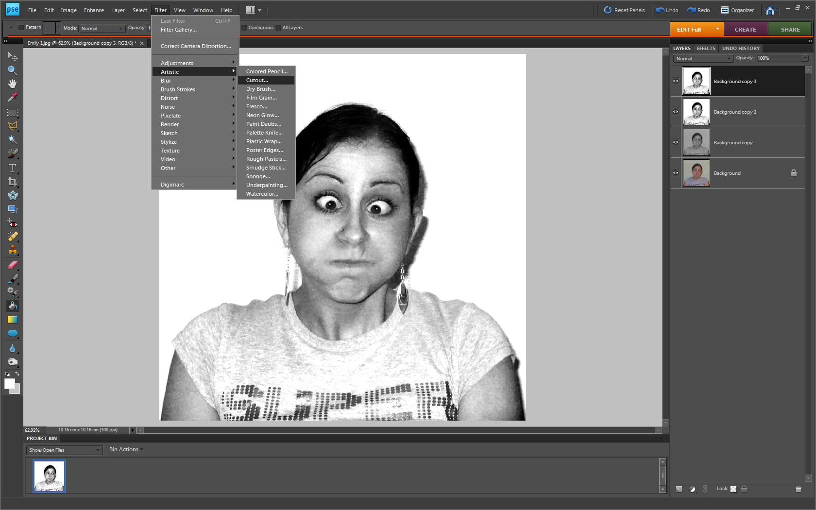Selecting the Cutout filter screenshot
