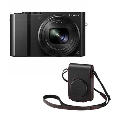 Panasonic LUMIX DMC-TZ100 (Black) with Leather Case (Black / Red) and Battery Kit