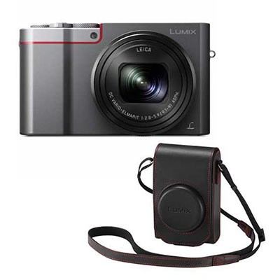 Panasonic LUMIX DMC-TZ100 (Silver) with Leather Case (Black / Red) and Battery Kit
