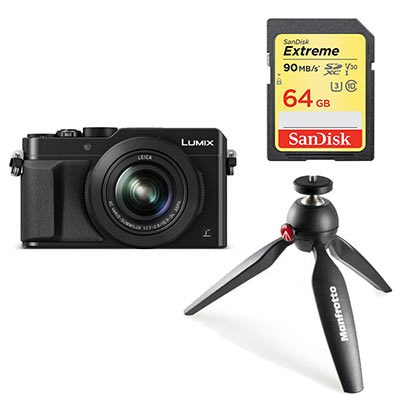 Panasonic LUMIX DMC-LX100 (black) with SanDisk 64GB 90MB/Sec SDXC and Manfrotto PIXI Tripod