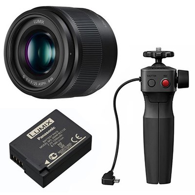 Panasonic DMW-SHGR1 Shooting Grip + 25mm f1.7 LUMIX G ASPH Black Lens + DMW-BLC12E Battery